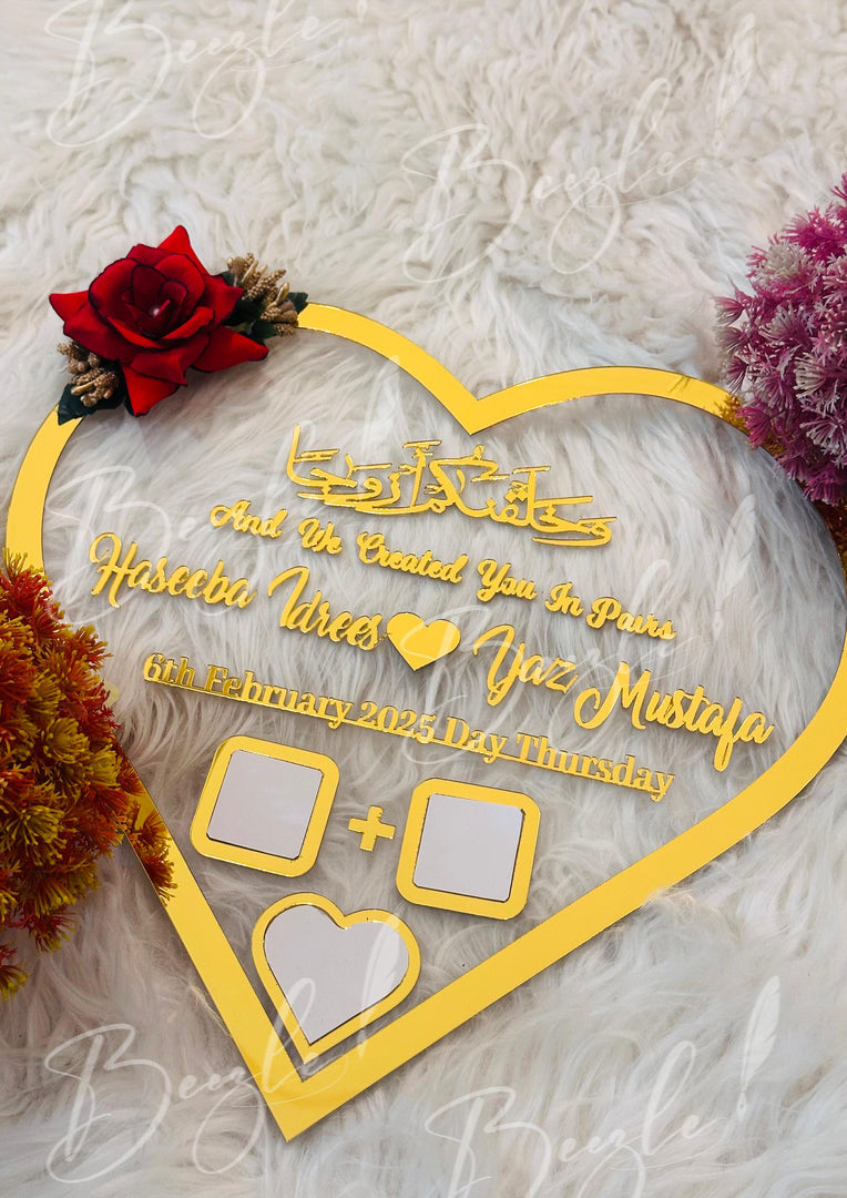 Nikah Plaque Heart Shape Customized Thumb Frame With Golden Acrylic
