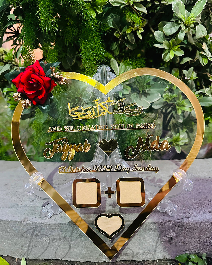 Nikah Plaque Heart Shape Customized Thumb Frame With Golden Acrylic