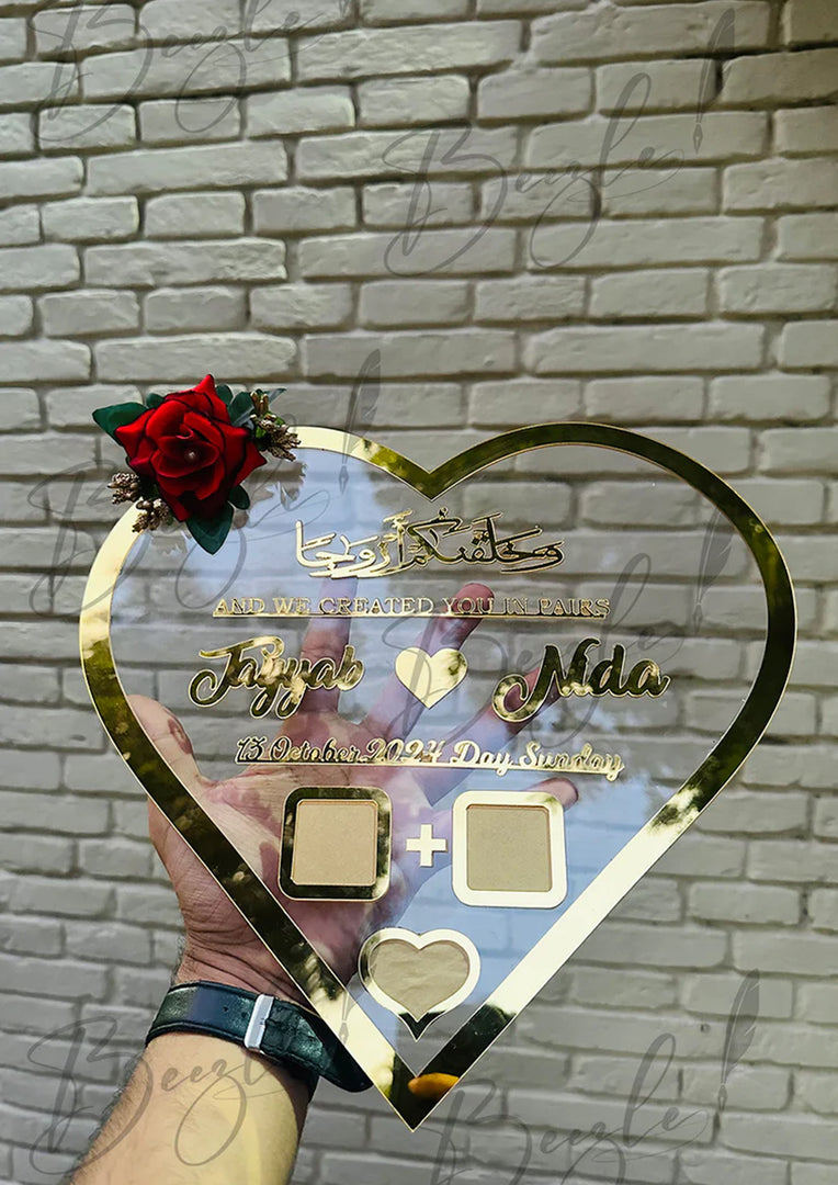 Nikah Plaque Heart Shape Customized Thumb Frame With Golden Acrylic