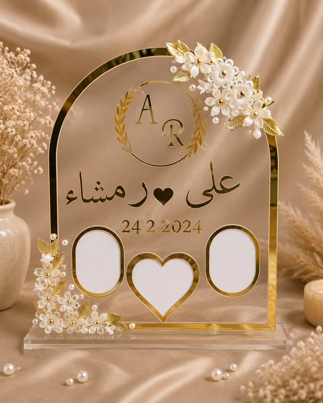 Personalized Arch Acrylic Fingerprint Plaque with Floral Design | Custom Wedding & Nikkah Gift